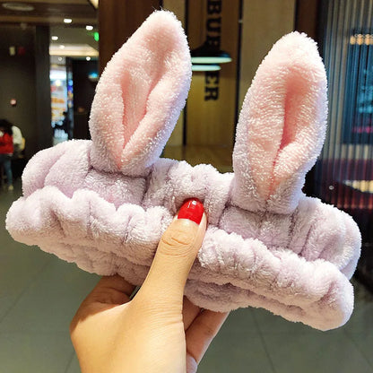 Wash Face Hair Holder Hairbands Soft Warm Coral Fleece Bow Animal Ears Headband For Women Girls Turban Fashion Hair Accessories purple rabbit ears