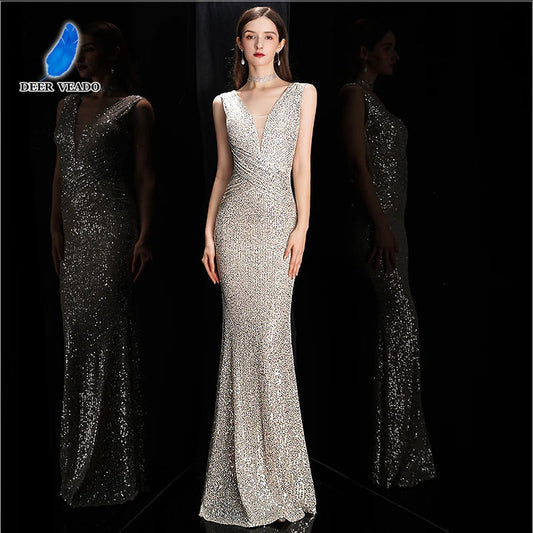 DEERVEADO Elegant V Neck Sequin Evening Dress Long 2025 New Women Mermaid Formal Dress Party Gown Bodycon Maxi Prom Dress Badiee Stylez
