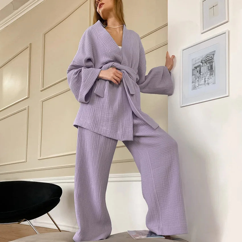 NHKDSASA Kimono Pajamas 2023 New 100% Cotton Crepe Long-Sleeved Trousers Ladies Sleepwear Suit Women's Home Service Mujer Purple