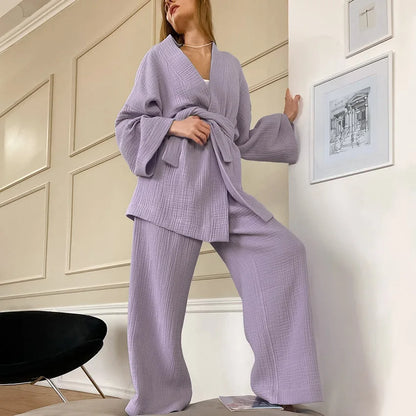 NHKDSASA Kimono Pajamas 2023 New 100% Cotton Crepe Long-Sleeved Trousers Ladies Sleepwear Suit Women's Home Service Mujer Purple