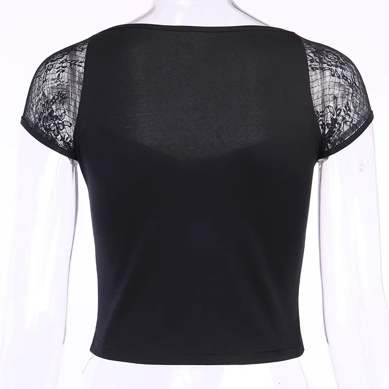 Vintage Tops Goth T-shirt Women Bodycon Bandage Lace Black T-shirts Gothic Streetwear Sexy Female Top Casual Mesh Tee
