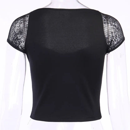 Vintage Tops Goth T-shirt Women Bodycon Bandage Lace Black T-shirts Gothic Streetwear Sexy Female Top Casual Mesh Tee