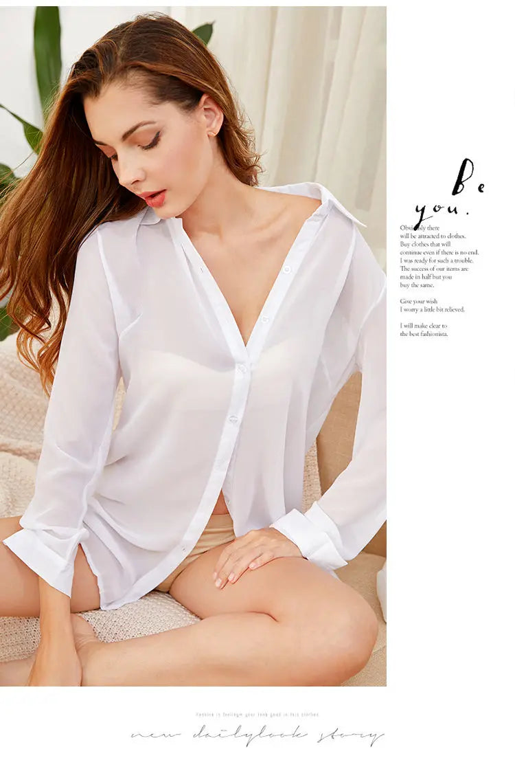 Women's Shirt Mid-length White Transparent Sexy Blouse Shirt Suncreen Casual Top Thin Summer Street Wear Loose Chiffon Shirt
