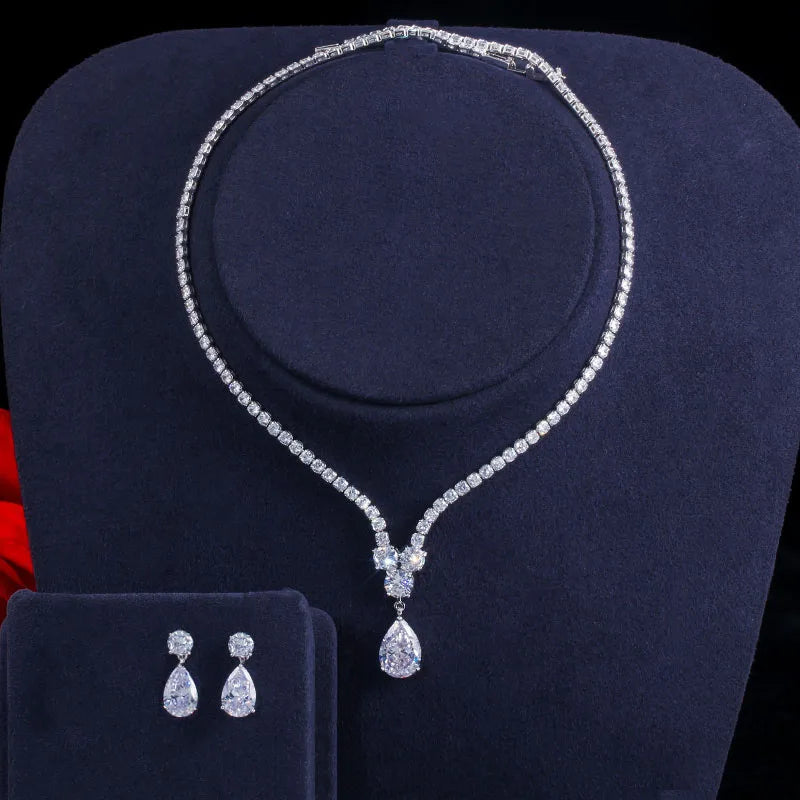 CWWZircons Fashion Cubic Zirconia Water Drop Pendant Necklace and Earrings Bridal Wedding Jewelry Sets for Brides Party T397 Gorgeous white