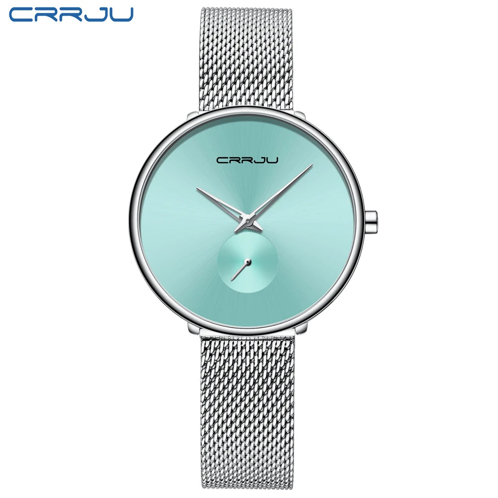CRRJU 2165 Beautiful Design Watches Women Fashion Casual Steel Mesh Wristwatch Ladies Watch Female Clock Women's Quartz Watch silver green
