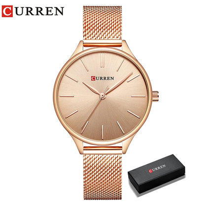 CURREN Original Women's Luxury Watch Matte Dial Japanese Quartz Movement Stainless Steel Mesh Strap with Box rose box