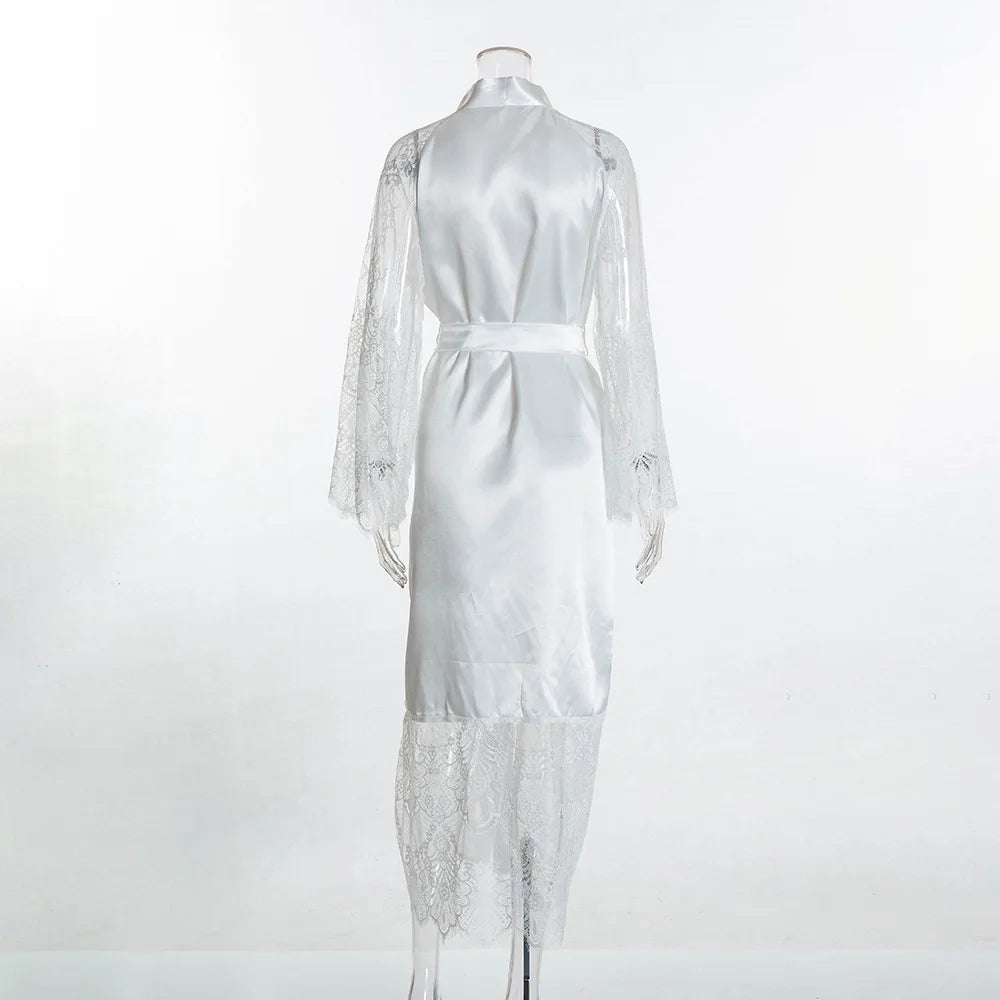 HNMCHIEF Women Pajamas Coat Robe Silky Women Floral Bathrobe Kimono Lace Sleep Robe Long Wedding Bridesmaid Silk Bride Summer