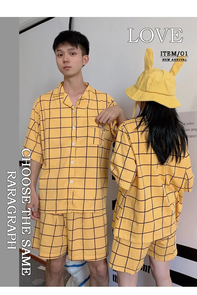 Women's Pyjamas Cute Lattice Print Pajama Sets Summer Casual Short Sleeve Couple Sleepwear Thin Cotton Home Maiden 2-piece Set