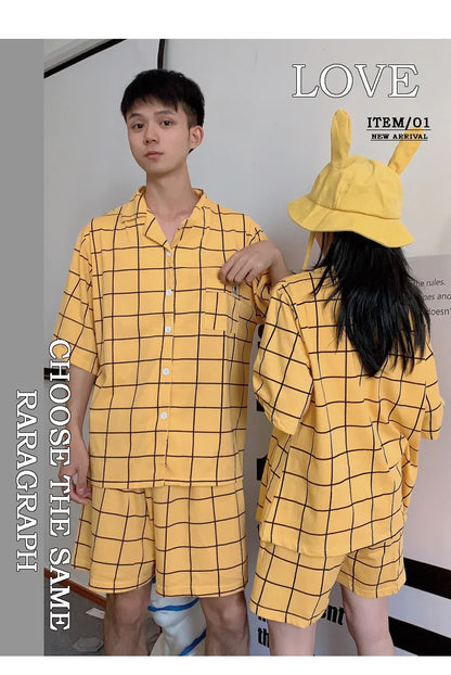 Women's Pyjamas Cute Lattice Print Pajama Sets Summer Casual Short Sleeve Couple Sleepwear Thin Cotton Home Maiden 2-piece Set