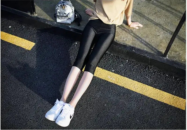 lady summer short pants women solid black shine breathable above knee short capris korean skinny neon pant