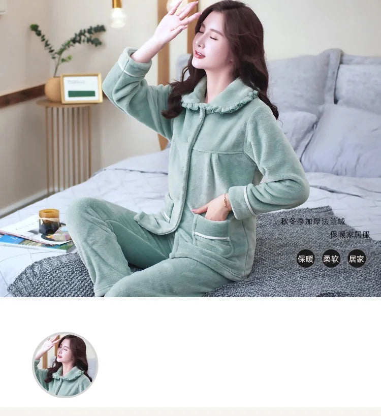 Autumn Winter Thicken Flannel Women Pajamas Set Two-piece suit Warm Loose Long-sleeve Female Casual Home service Single-breasted
