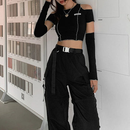 Patchwork Black T-shirts Gothic One Shoulder Sleeve Y2k Crop Tops Ruffles Hem Hip Hop Techwear Women Tees
