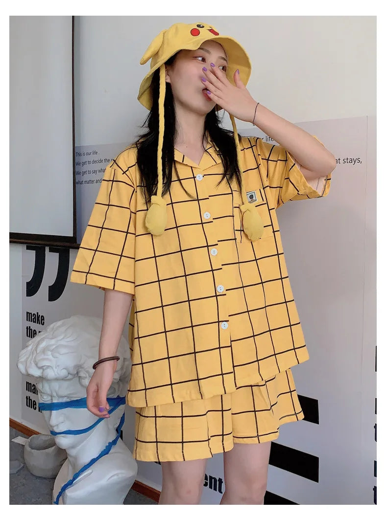 Women's Pyjamas Cute Lattice Print Pajama Sets Summer Casual Short Sleeve Couple Sleepwear Thin Cotton Home Maiden 2-piece Set