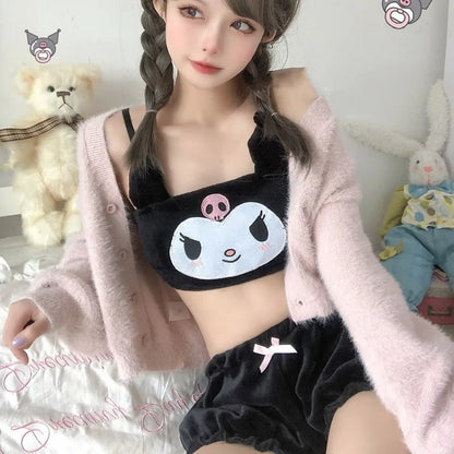 Kawaii Pajamas Camis Comfortable Plush Shorts Homewear Cute Cartoon Sleepwear Milk Silk Women's Underwear Set