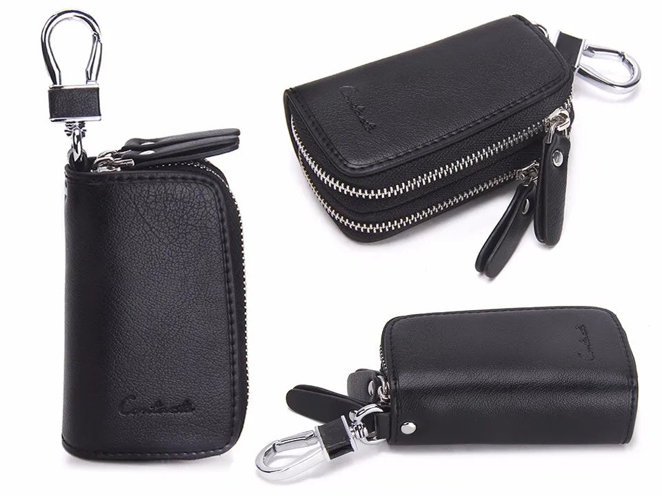 CONTACT'S Classic New Double Zip Men's Genuine Cow Leather Car Key Holder Multifunction Housekeeper High Class Motor Key Case