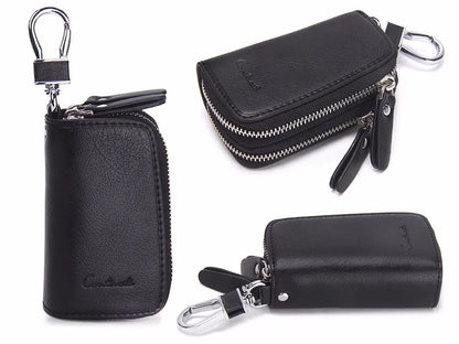 CONTACT'S Classic New Double Zip Men's Genuine Cow Leather Car Key Holder Multifunction Housekeeper High Class Motor Key Case