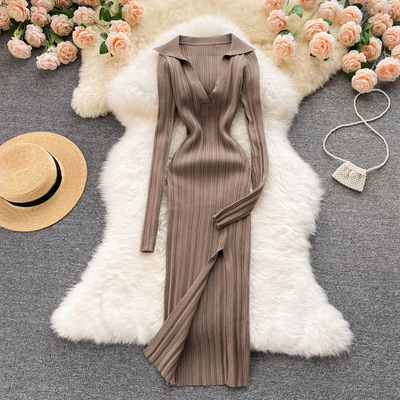 SINGREINY Women Korean Knitted Dress Long Sleeve V Neck Elastic Slim Pencil Dresses 2021 Autumn Sexy Bodycon Split Sweater Dress