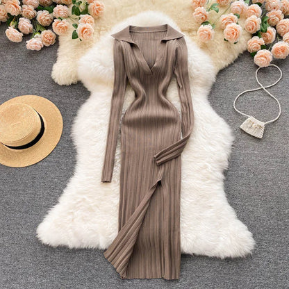 SINGREINY Women Korean Knitted Dress Long Sleeve V Neck Elastic Slim Pencil Dresses 2021 Autumn Sexy Bodycon Split Sweater Dress