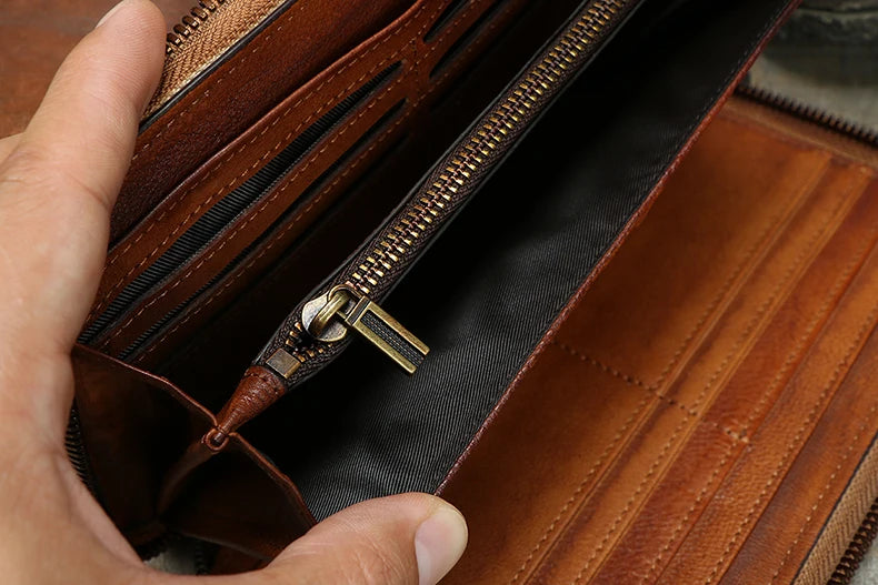Vintage Genuine leather wallet Men leather long wallet men purse clutch bag male money clips zip around money bag card holder