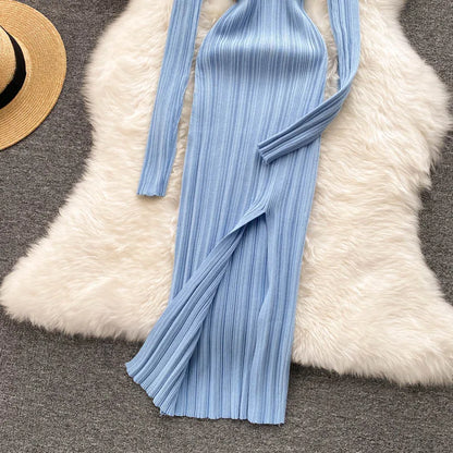 SINGREINY Women Korean Knitted Dress Long Sleeve V Neck Elastic Slim Pencil Dresses 2021 Autumn Sexy Bodycon Split Sweater Dress