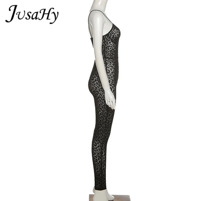 JuSaHy Leopard Print Flocking Jumpsuit for Women Fashion Sleeveless Backless Body-Shaping Casual High Streetwear Female Outfits