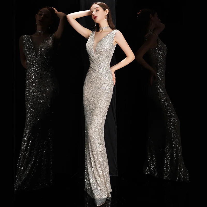 DEERVEADO Elegant V Neck Sequin Evening Dress Long 2025 New Women Mermaid Formal Dress Party Gown Bodycon Maxi Prom Dress Badiee Stylez