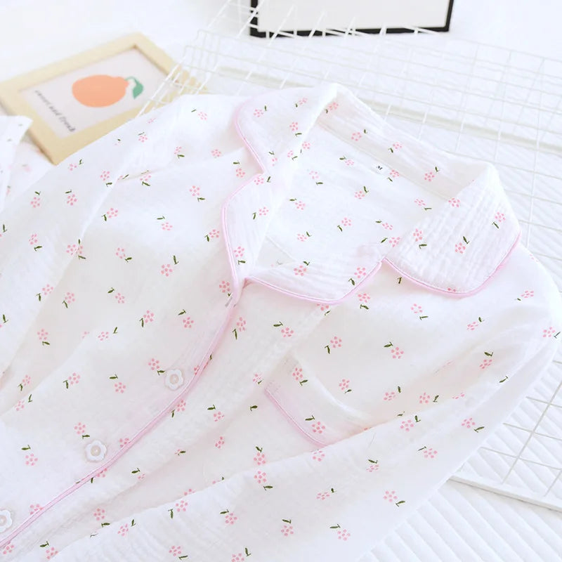 Fdfklak Spring Fall Full Sleeve Homewear Loose 2Pcs Pajama Set 100% Gauze Cotton Casual Print Sleeping Shirt Home Wear Clothes