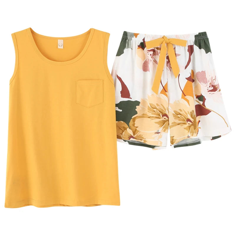 Women Pajamas Set Summer Sexy Sleepwear Sleeveless Lingerie Cotton O-Neck Pure Color Vest + Print Shorts 2 Piece Sets 4XL пижама Y1864