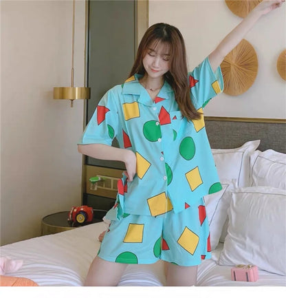 Summer Casual Couple Pajama Sets Lovely Cartoon Print Short Sleeve Sleepwear Pajamas Suit Daily Fashion Loose Homewear Nightgown