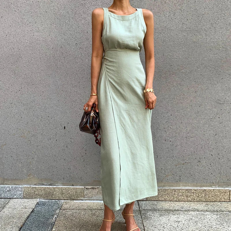REALEFT New 2024 Summer Cotton Linen Women's Long Dresses Vintage Lace Up Maxi Dress Sashes Sleeveless Female Tank Beach Dresses