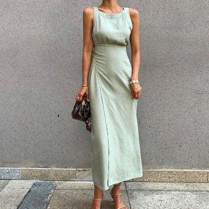 REALEFT New 2024 Summer Cotton Linen Women's Long Dresses Vintage Lace Up Maxi Dress Sashes Sleeveless Female Tank Beach Dresses