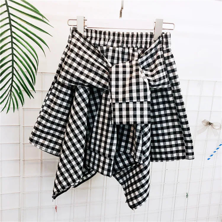 TOTRUST Fashion College Asymmetrical Skirt Women Summer Plaid Skirt Women Casual Students Fake Shirt Mini Skirt Female Saia