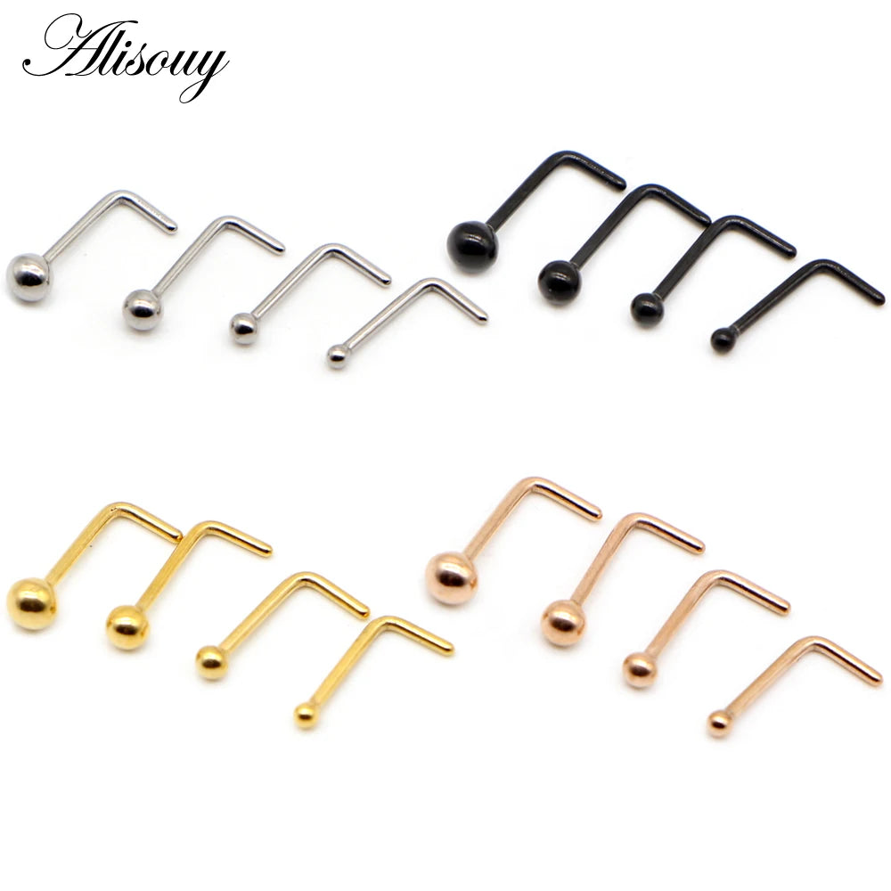 Alisouy 1PC Nose Studs Ball Round Nose Rings L-Shape Gold Color Nostril Stainless Steel Nose Piercing Body Jewelry For Women Badiee Stylez