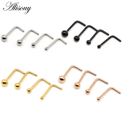 Alisouy 1PC Nose Studs Ball Round Nose Rings L-Shape Gold Color Nostril Stainless Steel Nose Piercing Body Jewelry For Women Badiee Stylez