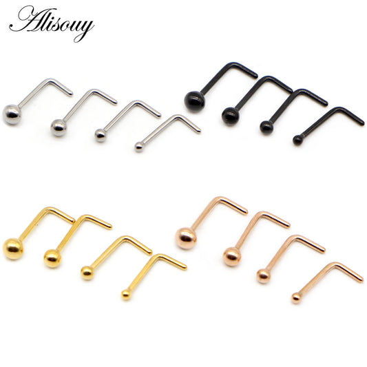 Alisouy 1PC Nose Studs Ball Round Nose Rings L-Shape Gold Color Nostril Stainless Steel Nose Piercing Body Jewelry For Women Badiee Stylez