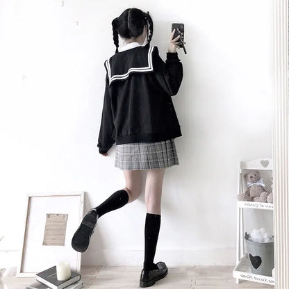 Deeptown Kawaii Zip Up Hoodies Black Japanese Preppy Style Sailor Collar Sweatshirts Sweet Lolita Coats Loose Cute Top Soft Girl