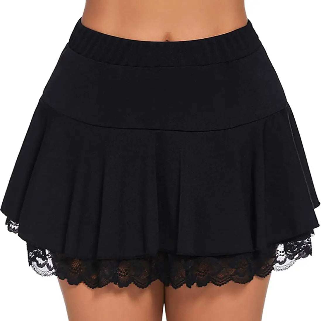 Women's Pleated Mini Skirt High Elastic Waist Lace Ruffles Short Skirt Party Street Sports Flared A-Line Skirts Solid Color A