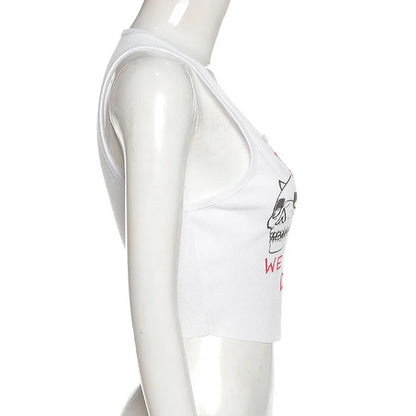 Square Collar Trendy Letter Print With Pin Buckles Tank Tops Women Skull Printed Casual Stretchy Sleeveless Crop Top