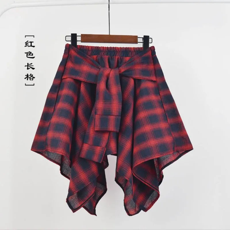 TOTRUST Fashion College Asymmetrical Skirt Women Summer Plaid Skirt Women Casual Students Fake Shirt Mini Skirt Female Saia 4 One Size