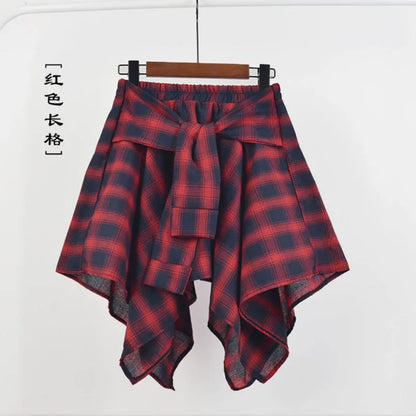 TOTRUST Fashion College Asymmetrical Skirt Women Summer Plaid Skirt Women Casual Students Fake Shirt Mini Skirt Female Saia 4 One Size