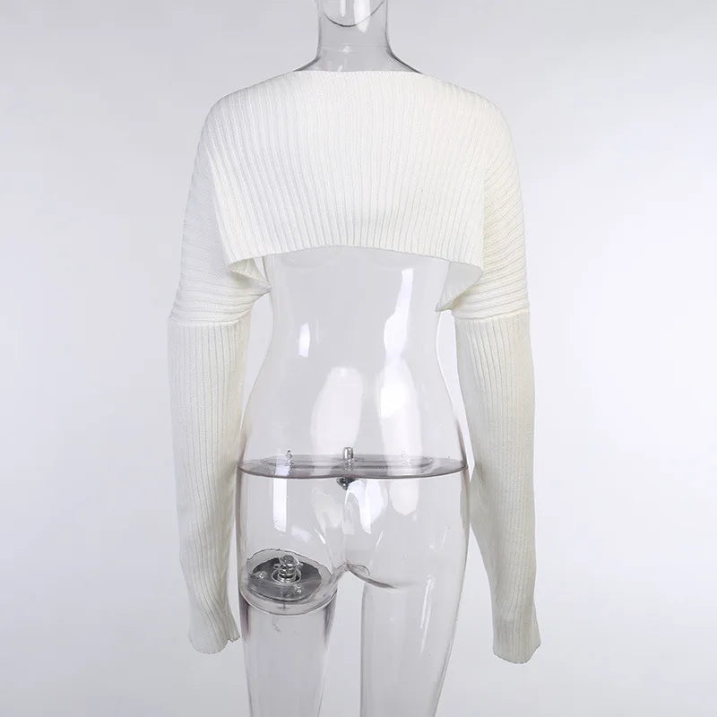 Tossy White Women Sweater Shrugs Cropped Top Full Lantern Sleeve Knitwear Pullover Sexy Summer High Street Outwear 2023 Spring