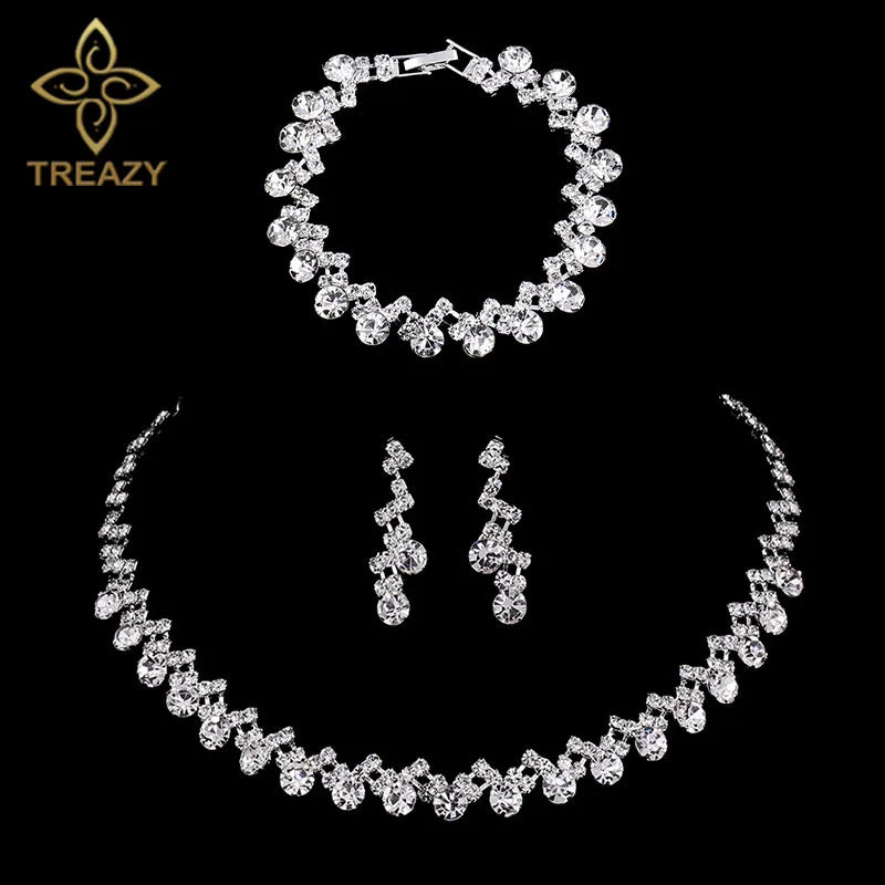 TREAZY Silver Color Rhinestone Crystal Bridal Jewelry Sets for Women Necklace Earrings Bracelet Set Wedding Jewelry Accessories style 3 Clear