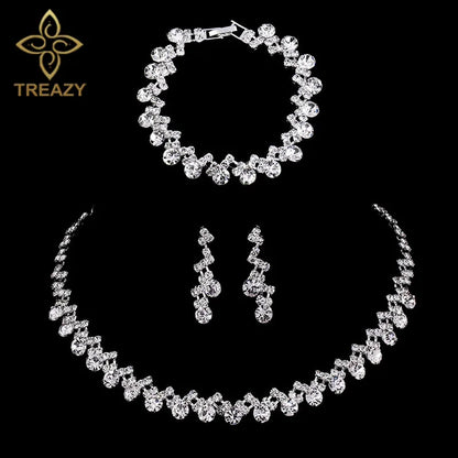 TREAZY Silver Color Rhinestone Crystal Bridal Jewelry Sets for Women Necklace Earrings Bracelet Set Wedding Jewelry Accessories style 3 Clear