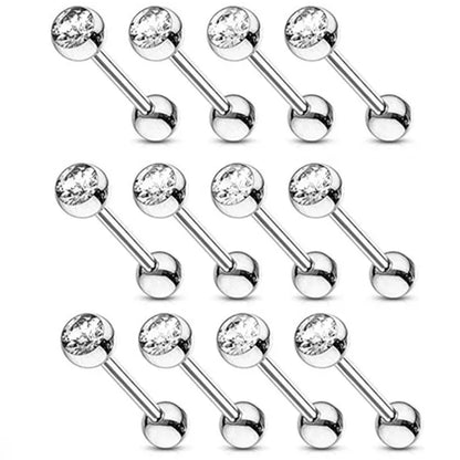 6PCS Stainless Steel Glorious Tongue Ring Bulk 14G Nipple Piercing Bar Lot Glitter Tongue Piercing Set Barbell Piercing Jewelry White 6PCS