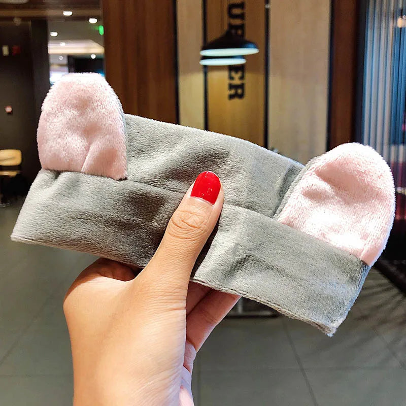 Wash Face Hair Holder Hairbands Soft Warm Coral Fleece Bow Animal Ears Headband For Women Girls Turban Fashion Hair Accessories thin gray