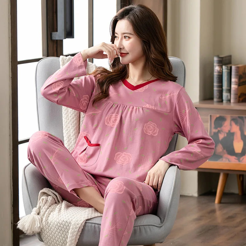 Big yards M-4XL v-neck long sleeve pajamas set for women floral print nightwear autumn cotton sleepwear nightie female pyjama TM8428