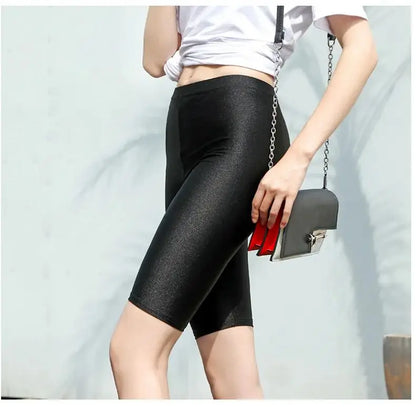 lady summer short pants women solid black shine breathable above knee short capris korean skinny neon pant