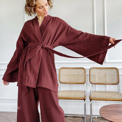 NHKDSASA Kimono Pajamas 2023 New 100% Cotton Crepe Long-Sleeved Trousers Ladies Sleepwear Suit Women's Home Service Mujer Brick Red