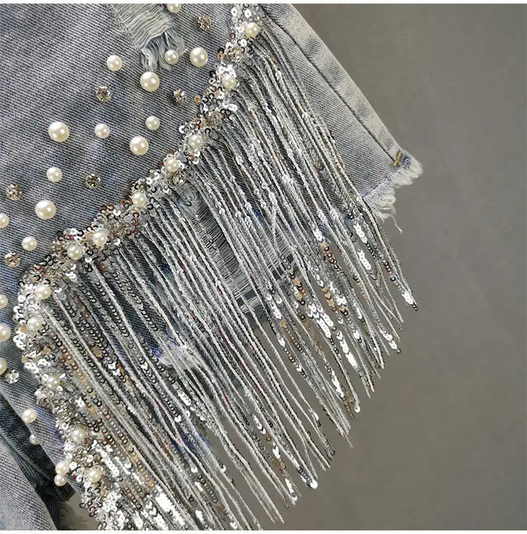 Summer Elegant Shorts Lady Tassel Beading High Waist Wide Leg Denim Shorts Female Casual Solid Shorts Jeans for Women Clothing