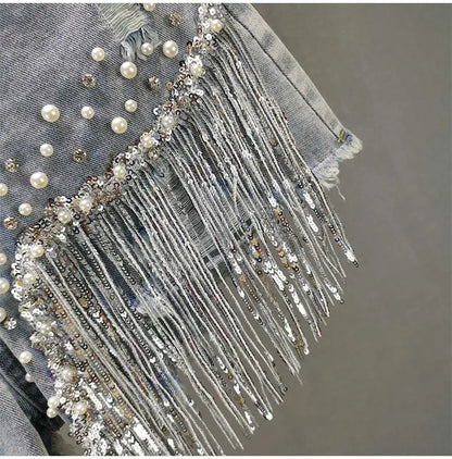 Summer Elegant Shorts Lady Tassel Beading High Waist Wide Leg Denim Shorts Female Casual Solid Shorts Jeans for Women Clothing